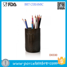 Brown Cylindrical Home Decorative Ceramic Pen Container